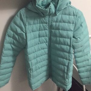teal puffer jacket